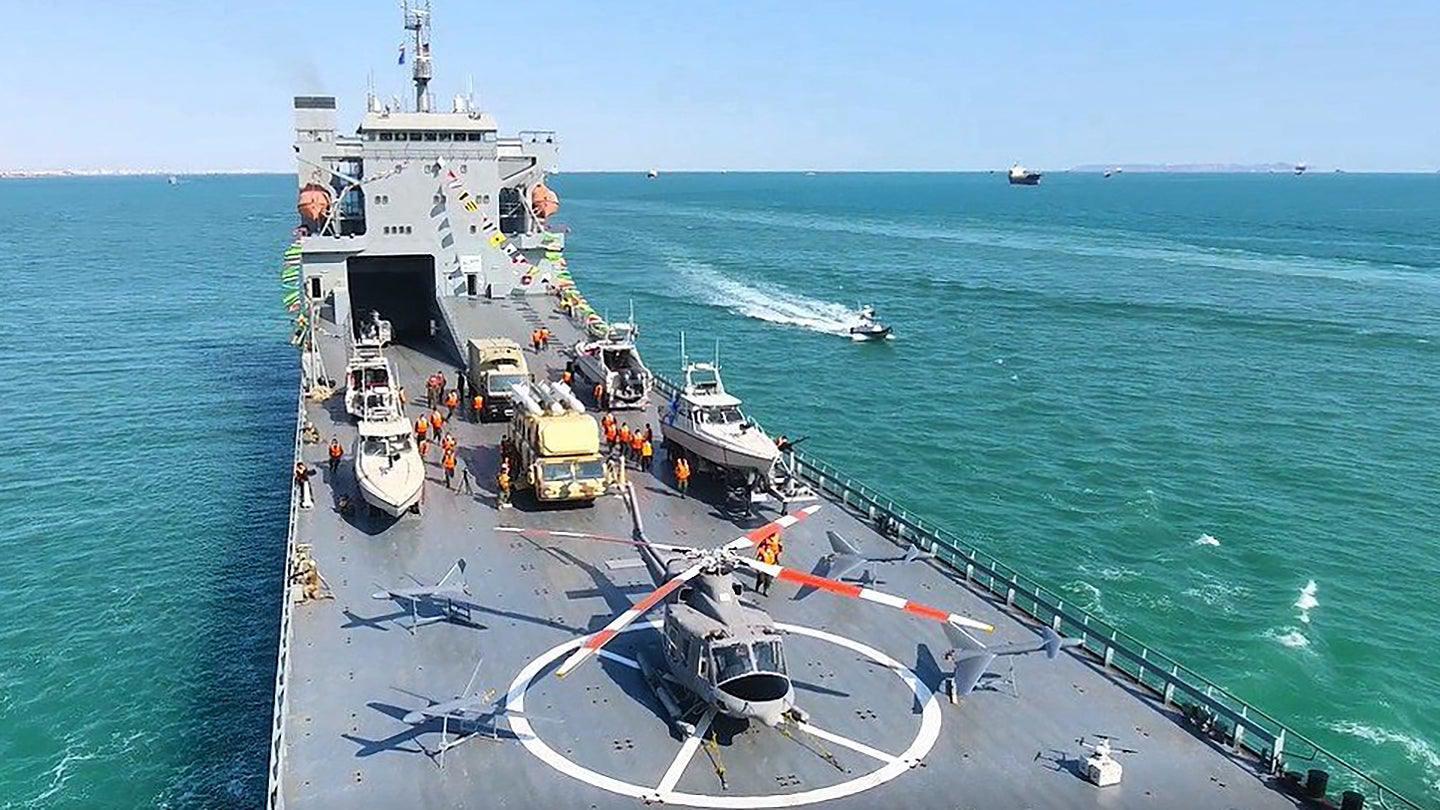 ifmat - Iran unveils its new sea base warship that looks like a floating arms bazaar